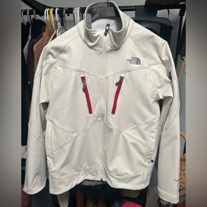 Men’s off white north face jacket with red accents size large